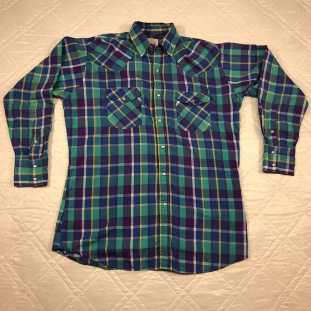 Westerner by BBI blue plaid long sleeve pearl snap shirt‎ medium